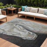 8' X 10' Ivory And Charcoal Animal Print Washable Indoor Outdoor Area Rug
