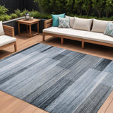 8' X 10' Denim Blue And Ivory Striped Washable Indoor Outdoor Area Rug