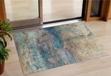 3' X 5' Teal Blue Orange And Beige Abstract Washable Indoor Outdoor Area Rug