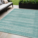 5' X 8' Aqua And Ivory Striped Washable Indoor Outdoor Area Rug