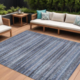 8' X 10' Blue And Charcoal Striped Washable Indoor Outdoor Area Rug