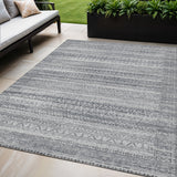 5' X 8' Gray And Silver Striped Washable Indoor Outdoor Area Rug