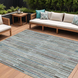 8' X 10' Teal Blue And Brown Striped Washable Indoor Outdoor Area Rug