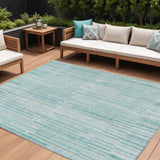 8' X 10' Turquoise And Pale Aqua Striped Washable Indoor Outdoor Area Rug