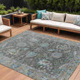 8' X 10' Fern Green And Denim Blue Floral Washable Indoor Outdoor Area Rug