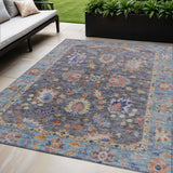 5' X 8' Gray And Denim Blue Floral Washable Indoor Outdoor Area Rug