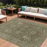 8' X 10' Olive Green And Rust Floral Washable Indoor Outdoor Area Rug