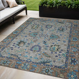 5' X 8' Pewter And Teal Blue Floral Washable Indoor Outdoor Area Rug