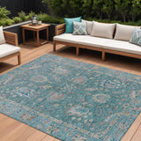 8' X 10' Teal Blue And Beige Floral Washable Indoor Outdoor Area Rug