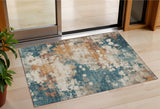 3' X 5' Teal Blue And Copper Abstract Washable Indoor Outdoor Area Rug