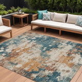 8' X 10' Teal Blue And Copper Abstract Washable Indoor Outdoor Area Rug