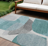 8' X 10' Teal Blue And Gray Abstract Washable Indoor Outdoor Area Rug