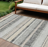 8' X 10' Black And Silver Striped Washable Indoor Outdoor Area Rug