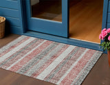 3' X 5' Burgundy And Silver Striped Washable Indoor Outdoor Area Rug