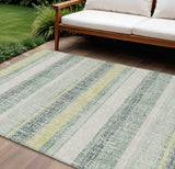 8' X 10' Pale Aqua And Lime Green Striped Washable Indoor Outdoor Area Rug