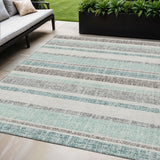 5' X 8' Teal Blue And Gray Striped Washable Indoor Outdoor Area Rug