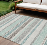 8' X 10' Teal Blue And Gray Striped Washable Indoor Outdoor Area Rug