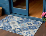3' X 5' Blue Beige And Sky Blue Southwestern Washable Indoor Outdoor Area Rug
