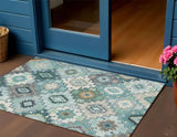 3' X 5' Teal Blue Beige And Ivory Southwestern Washable Indoor Outdoor Area Rug