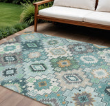 8' X 10' Teal Blue Beige And Ivory Southwestern Washable Indoor Outdoor Area Rug