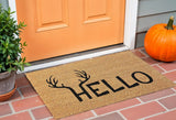 17" X 29" Natural And Black Hello With Antlers Coir Outdoor Door Mat