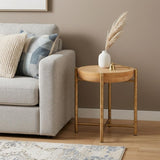 22" Natural and Gold Wood and Stainless Steel Round End Table