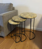 Set of Three Natural Natural and Black Solid Wood and Iron Round Frame Nested Tables