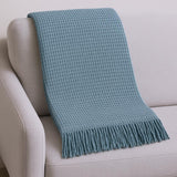 55" X 70" Slate Blue Cotton Blend Waffle Weave Throw Blanket with Fringe