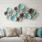 24" X 44" Aqua Charcoal And Silver Abstract Metal Round Discs Hanging Dimensional Sculpture