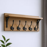 6" Black And Brown Metal And Solid Wood Five Hook Wall Mount Coat Rack