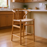 27" Beige And Natural Solid Wood Counter Height Bar Chair