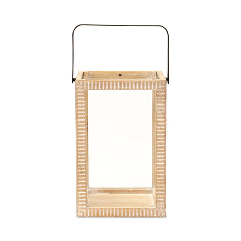 16" Clear And Natural Glass And Solid Wood Tabletop Lantern Candle Holder