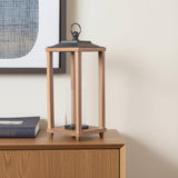 21" Black And Brown Distressed Geometric Metal And Solid Wood Tabletop Lantern Candle Holder