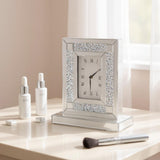 16" Silver And White Faux Crystal And Mirrored Glass Table Clock