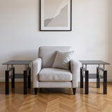 Set of Two Black Glass and Steel Square End Tables With Shelf