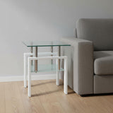20" Clear and White Glass and Metal Square End Table With Shelf