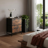 25" Black Iron and Wood Distressed Two Drawer Nightstand