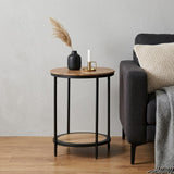 24" Natural Natural and Black Solid Wood and Iron Round End Table With Shelf