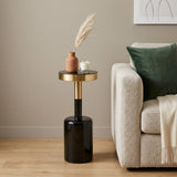 25" Powder Coated Black and Gold Tempered Glass and Iron Round Pedestal End Table
