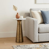 26" Antique Gray White and Antiqued Brass Distressed Marble and Iron Round Pedestal End Table And Trunk Storage