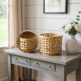 Set of Three Natural Wicker And Galvanized Metal Woven Baskets