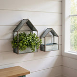 Set of Two Gray Galvanized Metal Novelty House Shaped Hanging Planters