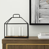 15" Black Metal Glass And Wood Geometric Two Light Hurricane Candle Holder