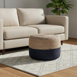 18" Natural and Navy Blue Jute Round Pouf Ottoman