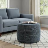 20" Blue and White Cotton Abstract Round Pouf Ottoman
