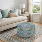 20" Blue Gray and Green Jute and Cotton Striped Round Pouf Ottoman