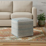 16" Blue Gray and Off White Cotton Abstract Cube Pouf Ottoman