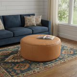 32" Brown Faux Leather Round Pouf Ottoman