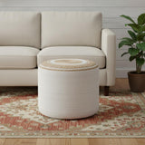 18" Natural and Off White Jute and Cotton Color Block Round Pouf Ottoman