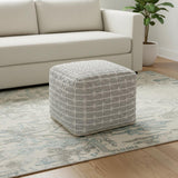 18" Light Blue and White Cotton Geometric Pouf Ottoman